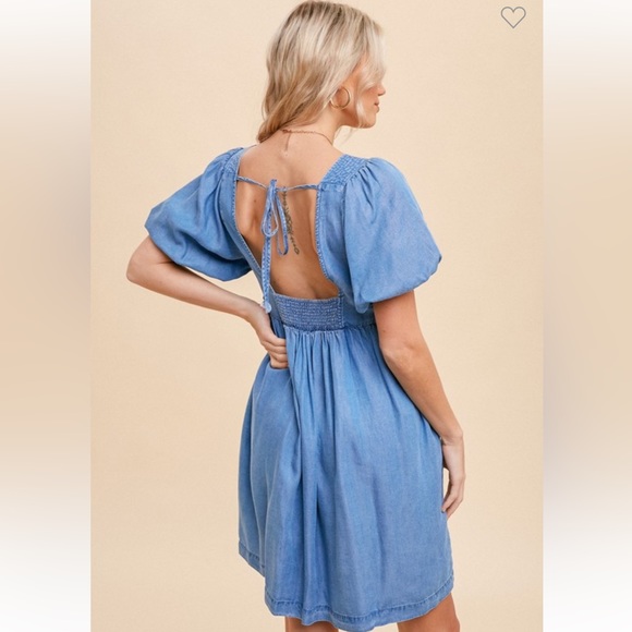 🆕Denim Blue Dress Babydoll Puff Sleeve Soft Tencel - Picture 6 of 6